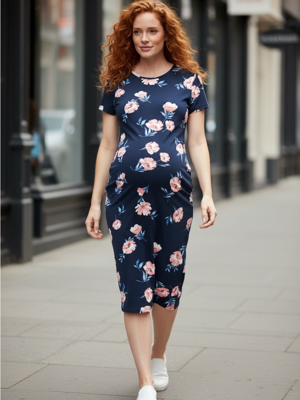Isabel Maternity Small Women’s Navy Floral Short-Sleeve Dress Bodycon Stretch